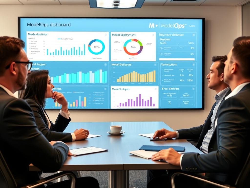 Business executives reviewing ModelOps dashboard showing model performance metrics