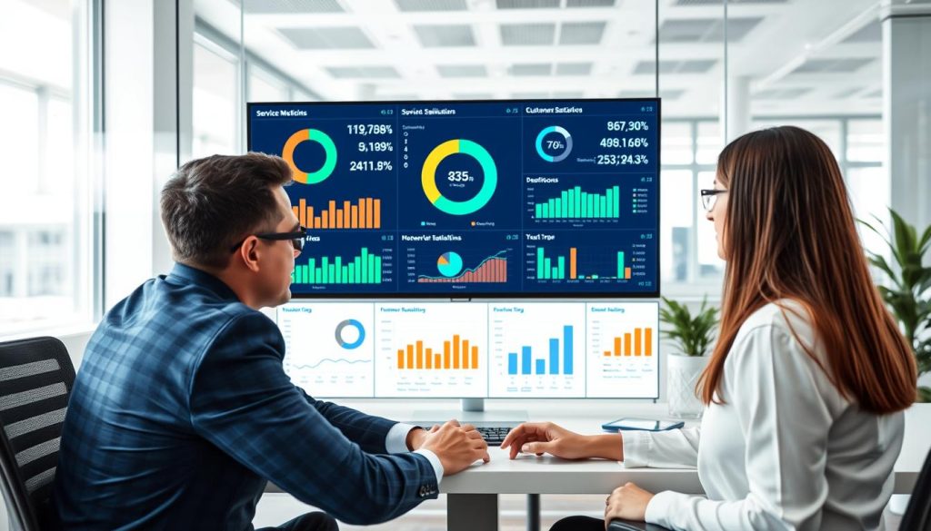 Business professionals analyzing ServOps metrics on digital dashboard
