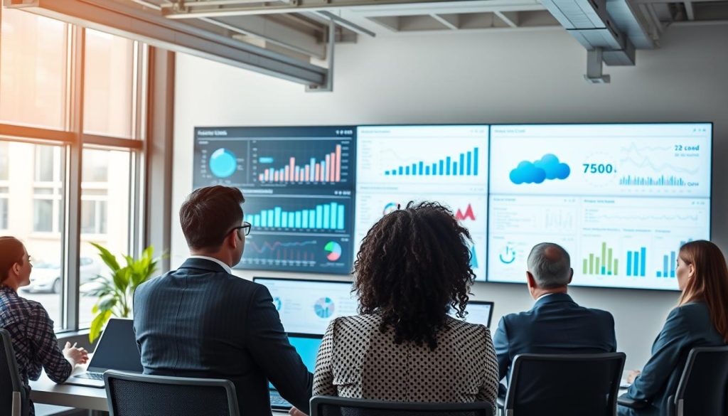 Business professionals analyzing cloud cost dashboards in a modern office environment Business professionals analyzing cloud cost dashboards in a modern office environment