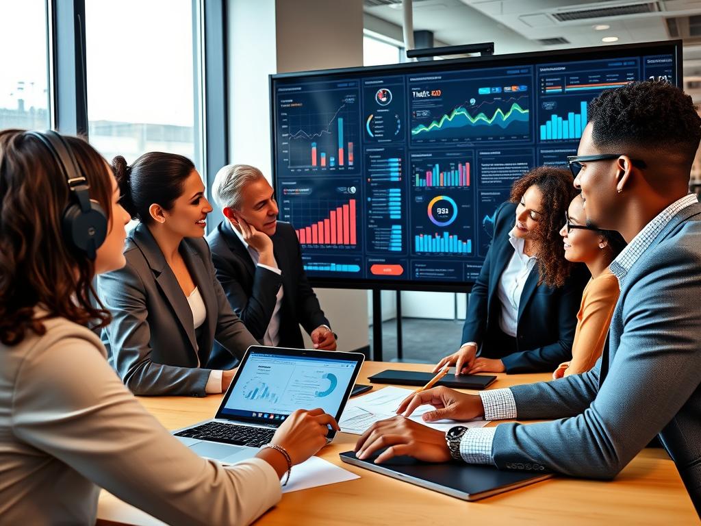 Business professionals analyzing data dashboards in a modern office environment Business professionals analyzing data dashboards in a modern office environment