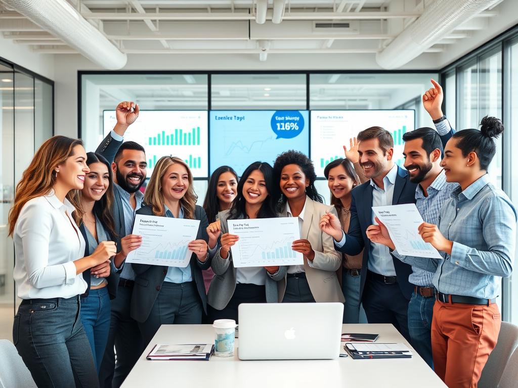Business team celebrating successful FinOps implementation with improved metrics Business team celebrating successful FinOps implementation with improved metrics