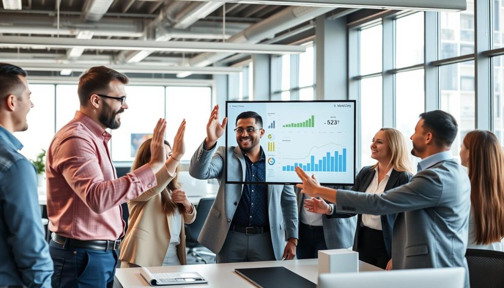 Business team celebrating successful ModelOps implementation with improved metrics