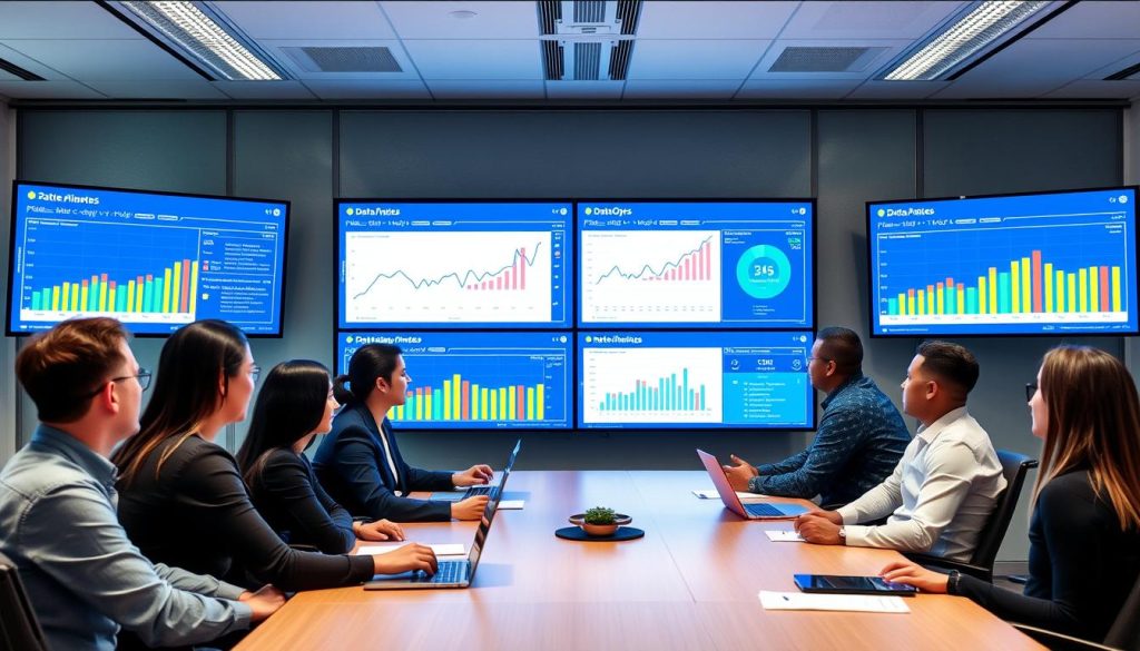 Business team reviewing improved data analytics results after DataOps implementation