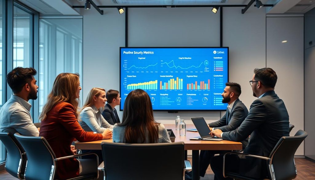 Business team reviewing improved security metrics after SecOps implementation Business team reviewing improved security metrics after SecOps implementation