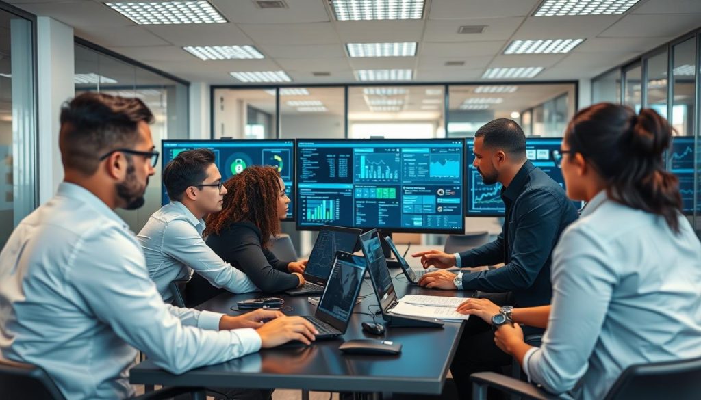 Cybersecurity professionals analyzing threat data in a modern office Cybersecurity professionals analyzing threat data in a modern office