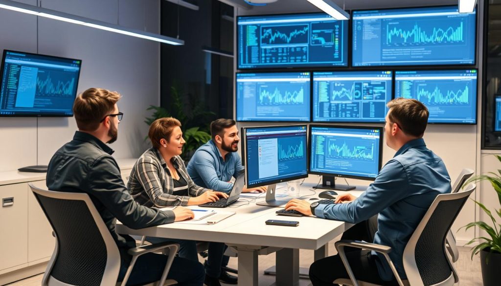 Data professionals collaborating in a modern office environment on DataOps implementation