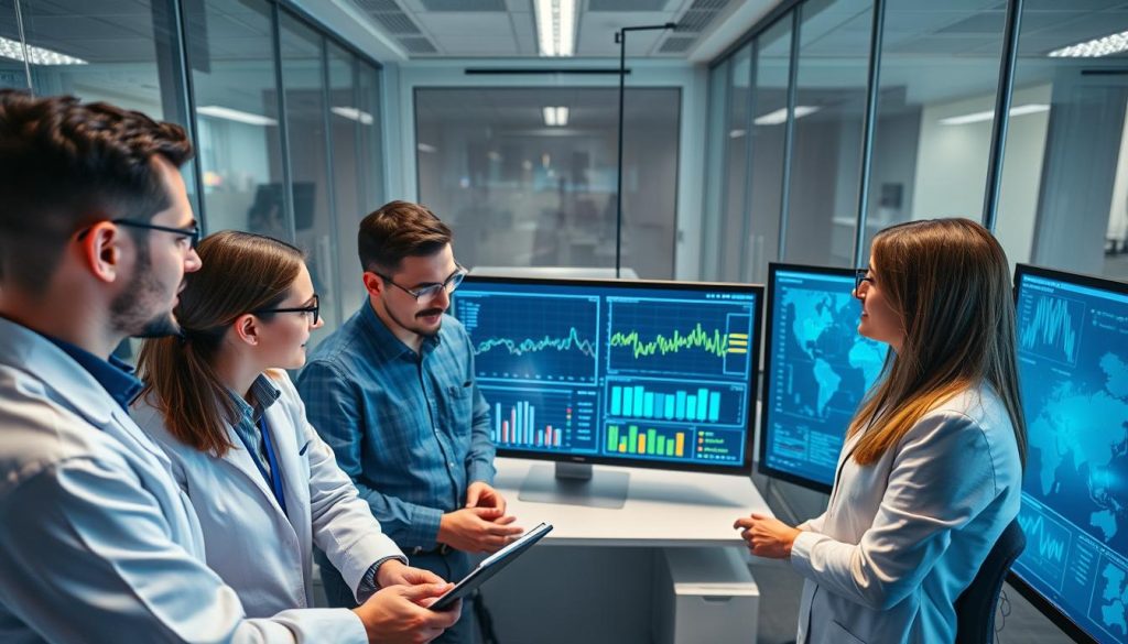 Data scientists collaborating on ModelOps implementation in a modern office environment