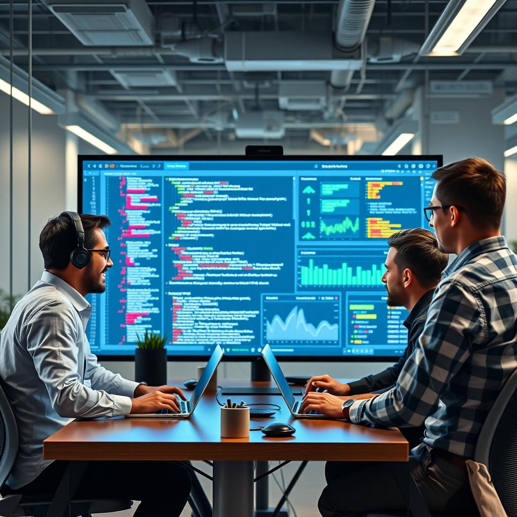 DevSecOps professionals collaborating in a modern office environment