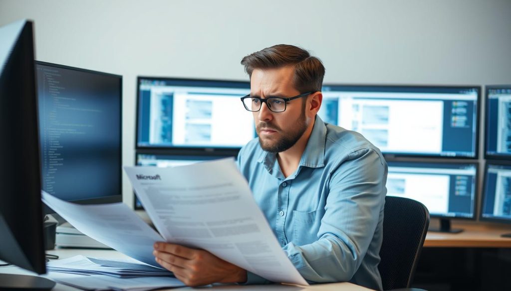 En IT-chef som ser frustrerad ut medan han granskar Microsoft-implementeringsdokumentation En IT-chef som ser frustrerad ut medan han granskar Microsoft-implementeringsdokumentation