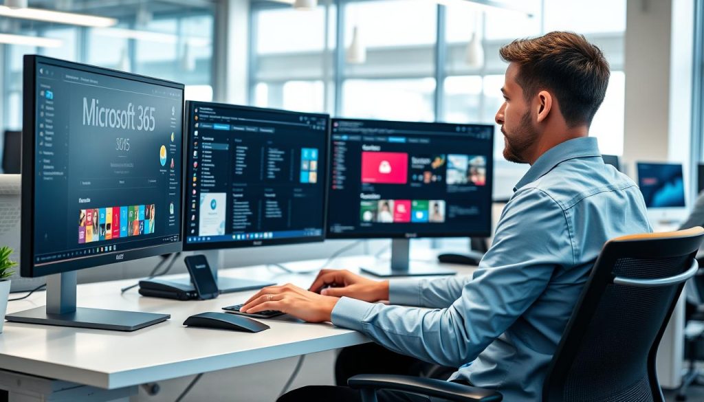 En Microsoft Specialist som arbetar vid ett skrivbord med flera skärmar som visar Microsoft 365-applikationer En Microsoft Specialist som arbetar vid ett skrivbord med flera skärmar som visar Microsoft 365-applikationer