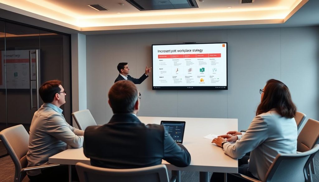 En Microsoft Specialist som presenterar en digital arbetsplatsstrategi för företagsledare En Microsoft Specialist som presenterar en digital arbetsplatsstrategi för företagsledare