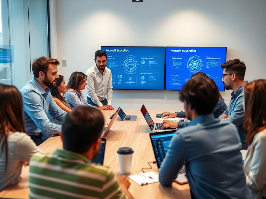 Ett team av Microsoft Specialists som samarbetar kring en digital transformation för ett företag Ett team av Microsoft Specialists som samarbetar kring en digital transformation för ett företag