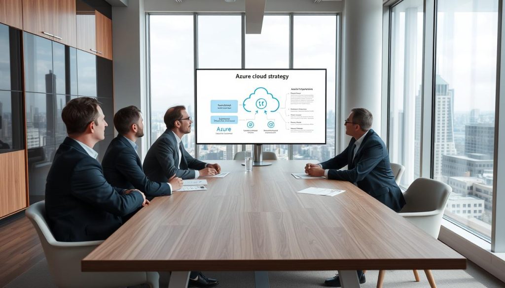 Företagsledare diskuterar Azure-strategi i ett modernt konferensrum Företagsledare diskuterar Azure-strategi i ett modernt konferensrum