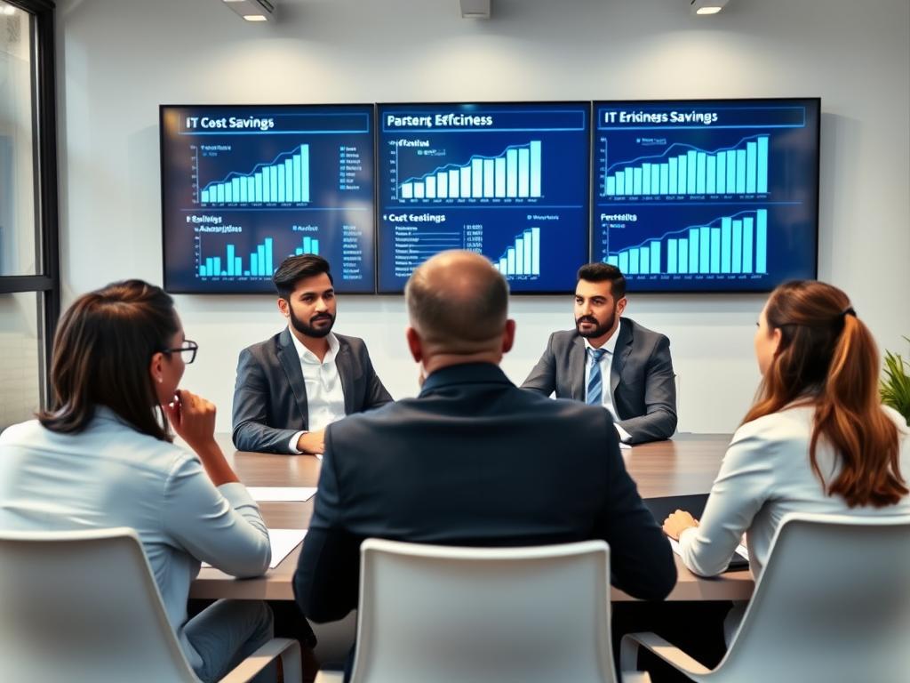 Företagsledare diskuterar fördelar med outsourcing av IT-drift och support