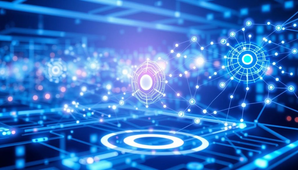 Futuristic visualization of AI models being deployed and managed at scale