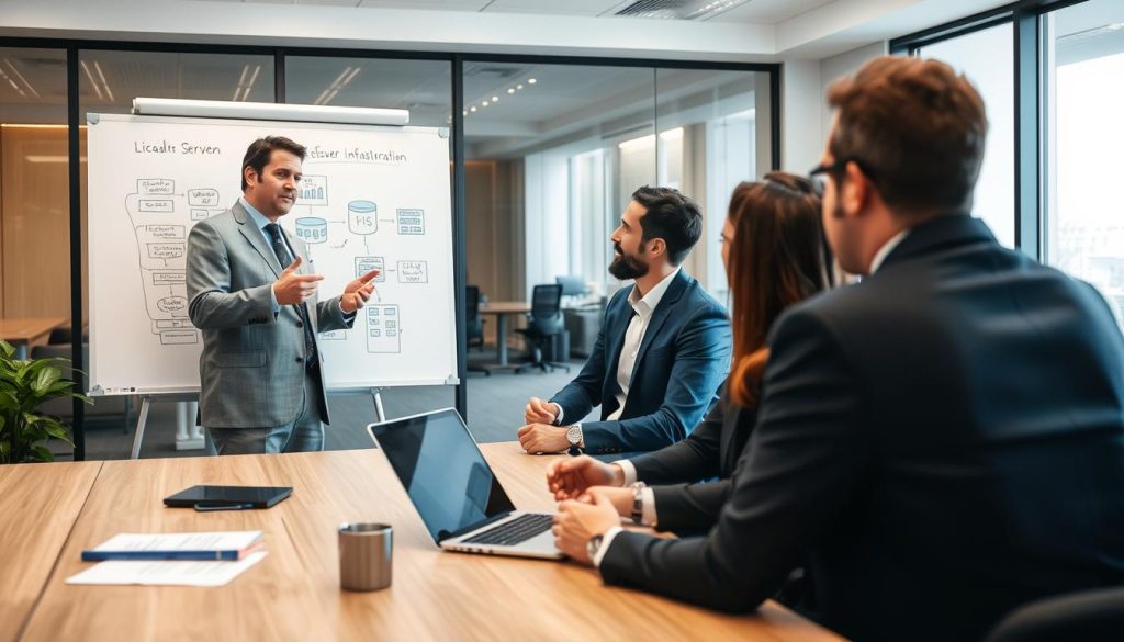 IT-konsult som förklarar serveradministrationskoncept för klienter IT-konsult som förklarar serveradministrationskoncept för klienter