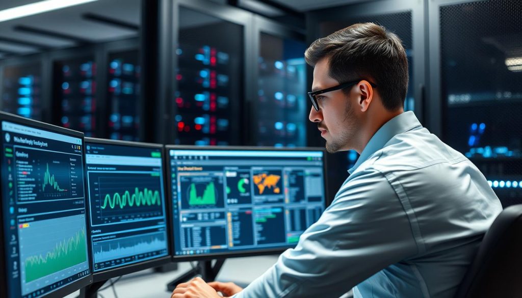 IT-specialist som arbetar med serveradministration i ett modernt datacenter IT-specialist som arbetar med serveradministration i ett modernt datacenter