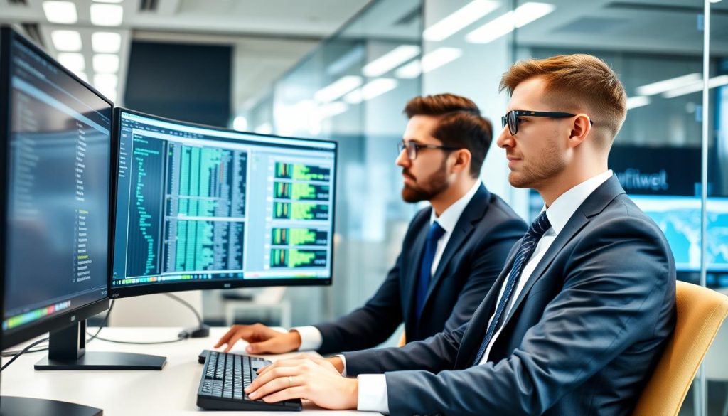 IT-specialist som arbetar vid flera skärmar i ett modernt kontorslandskap IT-specialist som arbetar vid flera skärmar i ett modernt kontorslandskap