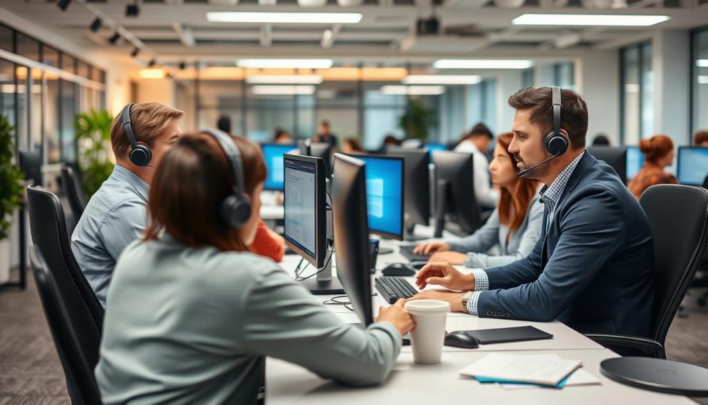 IT-specialist som besvarar frågor från kollegor vid ett supporttillfälle IT-specialist som besvarar frågor från kollegor vid ett supporttillfälle