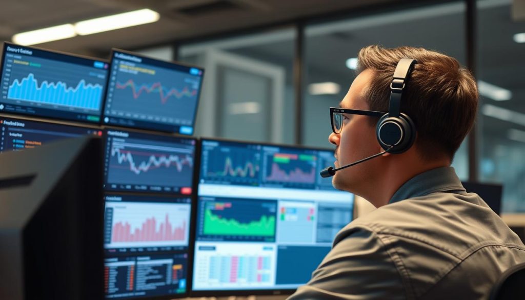 IT-specialist som övervakar Application Performance Management-dashboard på flera skärmar IT-specialist som övervakar Application Performance Management-dashboard på flera skärmar