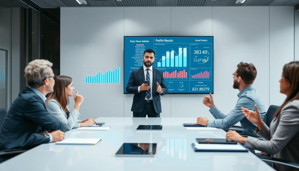 IT-specialist som presenterar lösningar för företagsledare med positiva resultatgrafer IT-specialist som presenterar lösningar för företagsledare med positiva resultatgrafer