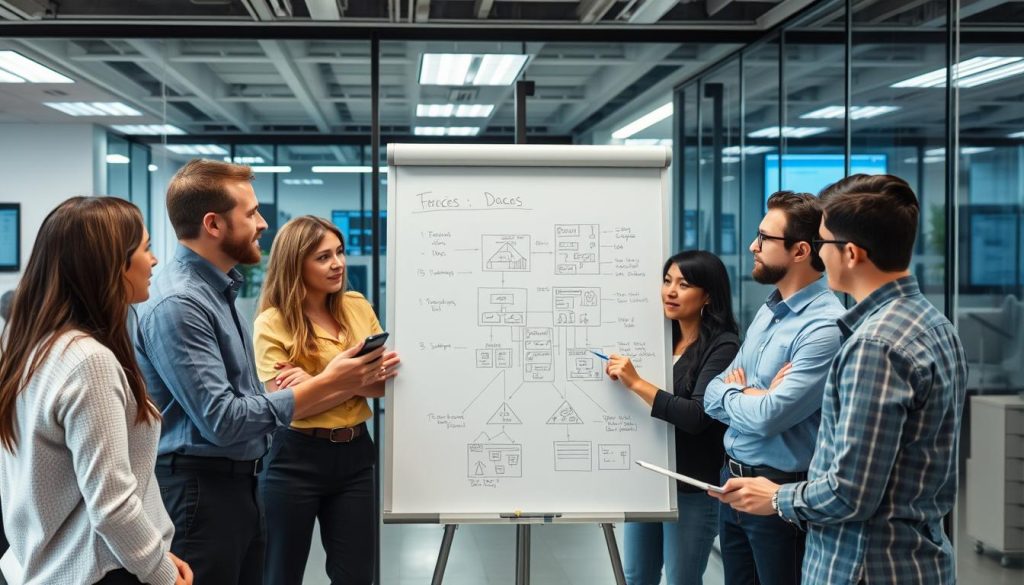 IT-team som diskuterar utmaningar vid ett whiteboard med tekniska diagram IT-team som diskuterar utmaningar vid ett whiteboard med tekniska diagram