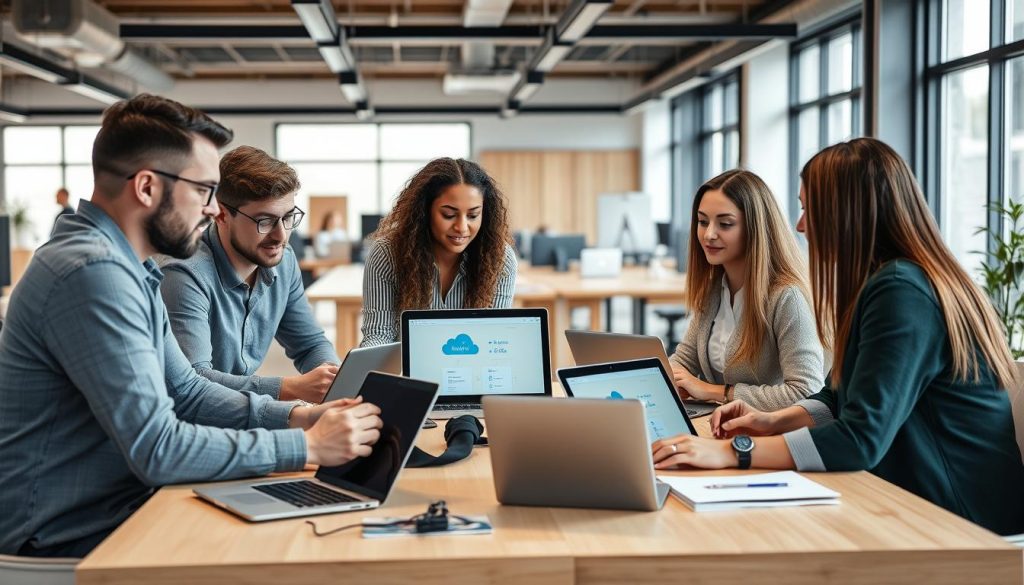 IT-team som samarbetar om en Azure-implementering i ett modernt kontorslandskap IT-team som samarbetar om en Azure-implementering i ett modernt kontorslandskap