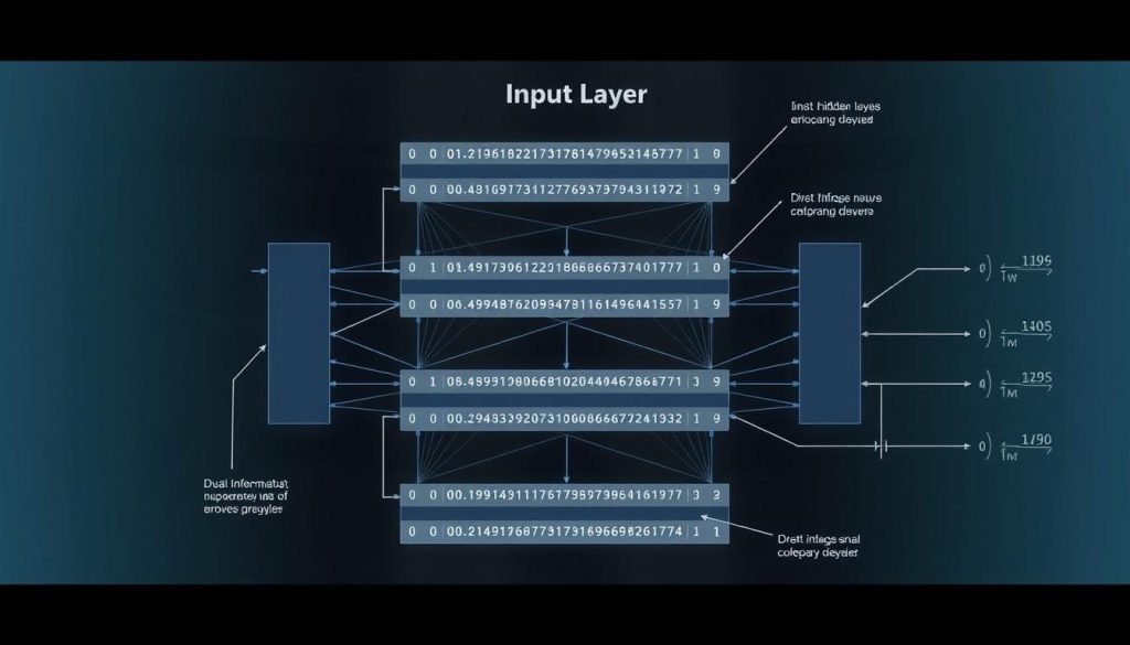 Illustration av ett djupt neuralt nätverk med indata, dolda lager och utdata som visar informationsflödet genom djupinlärning