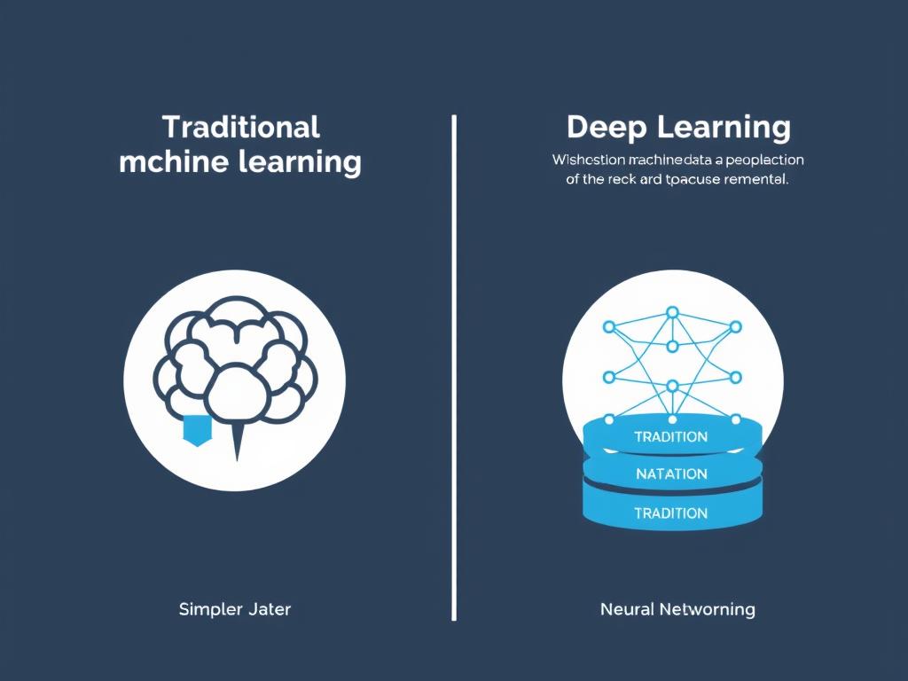Jämförelse mellan traditionell maskininlärning och djupinlärning som visar skillnaden i databearbetning och komplexitet