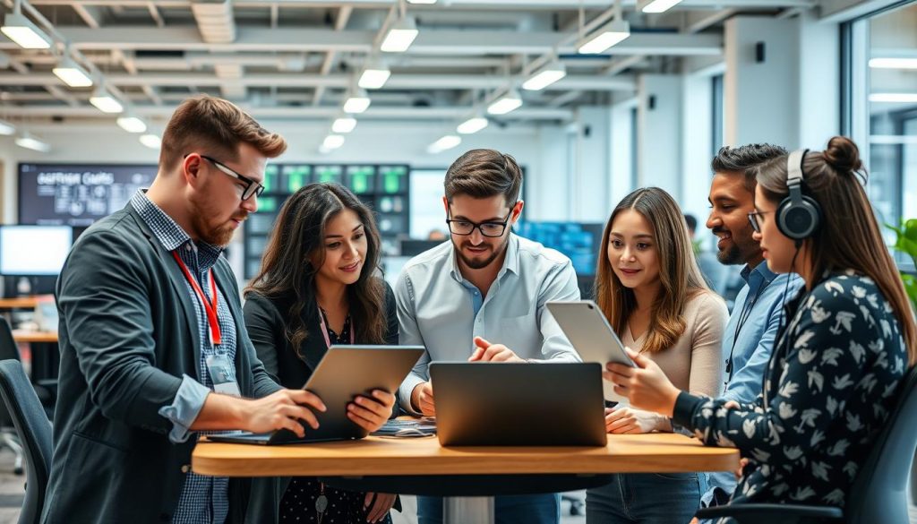 Olika IT-roller som samarbetar i ett modernt teknikföretag Olika IT-roller som samarbetar i ett modernt teknikföretag