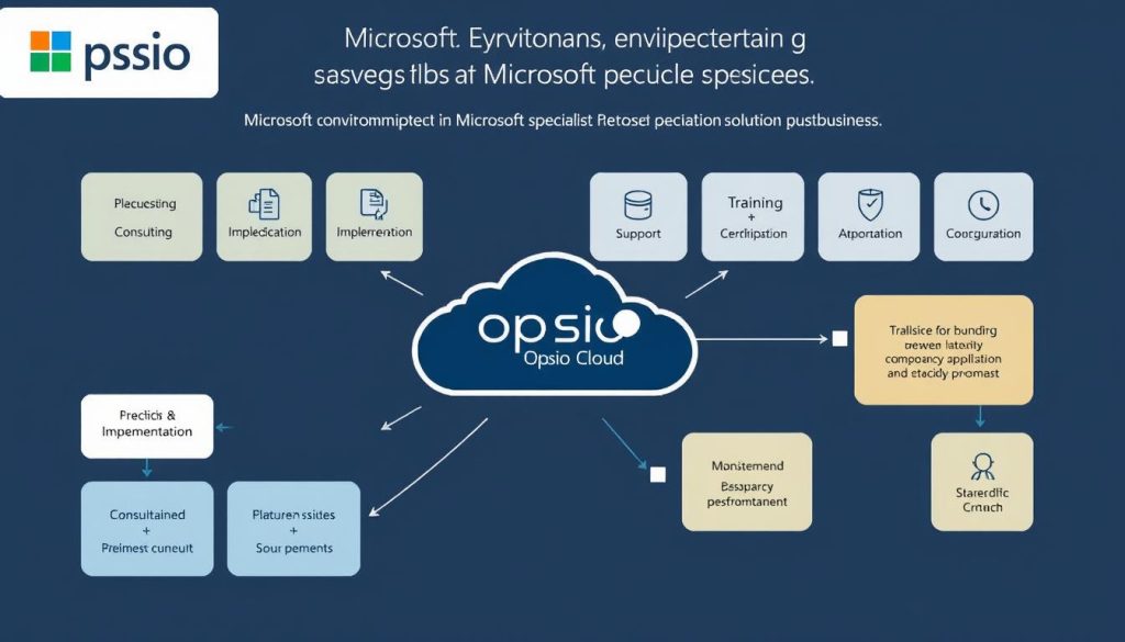 Opsio Cloud-tjänster för Microsoft-miljöer visualiserade i ett flödesschema Opsio Cloud-tjänster för Microsoft-miljöer visualiserade i ett flödesschema