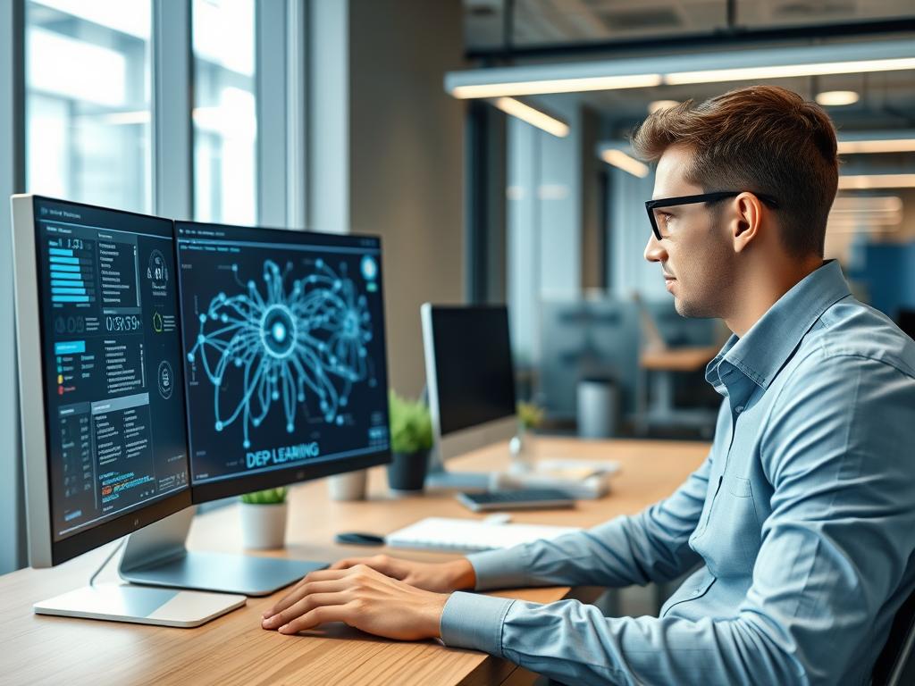 Person som söker information om djupinlärning på en dator