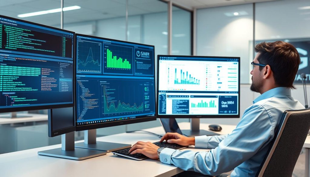 Professional analyzing security vulnerabilities on multiple screens