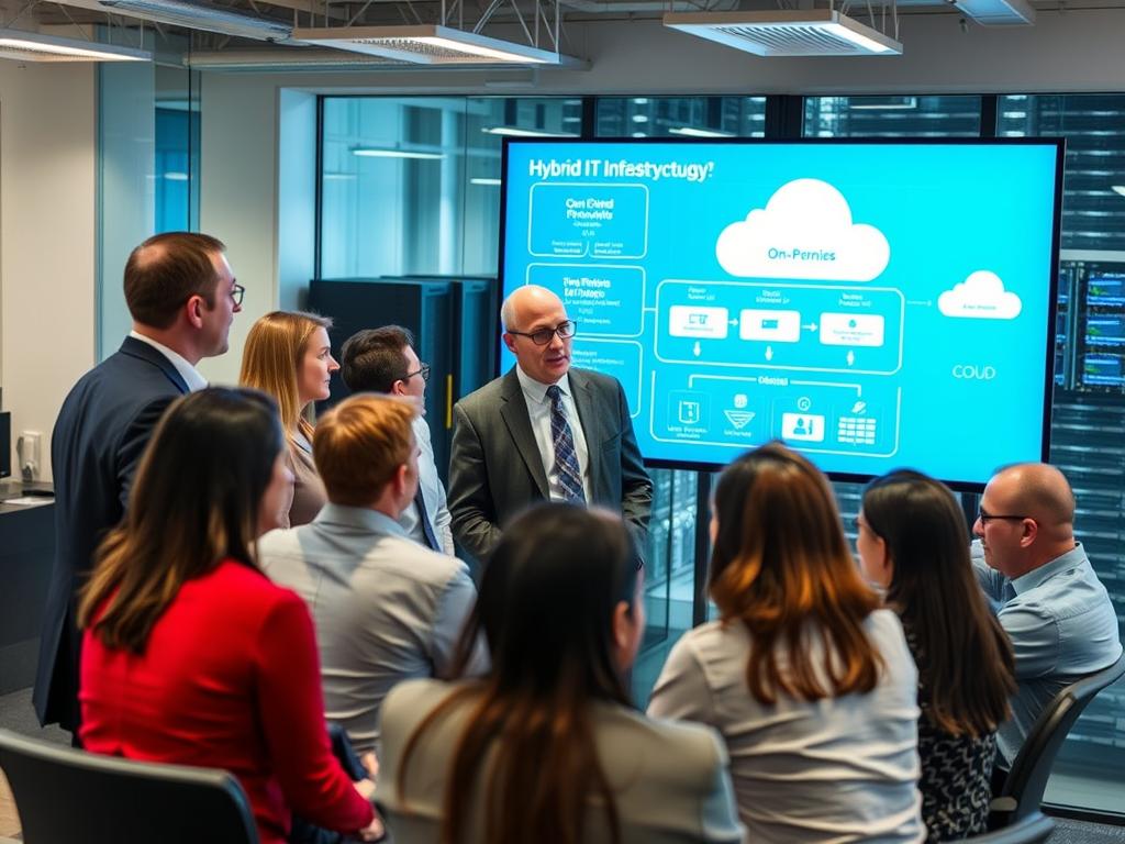 Professionella IT-experter som diskuterar Hybrid IT-strategi i ett modernt kontorslandskap Professionella IT-experter som diskuterar Hybrid IT-strategi i ett modernt kontorslandskap