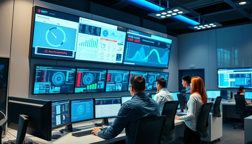 Security operations center with professionals monitoring security systems Security operations center with professionals monitoring security systems