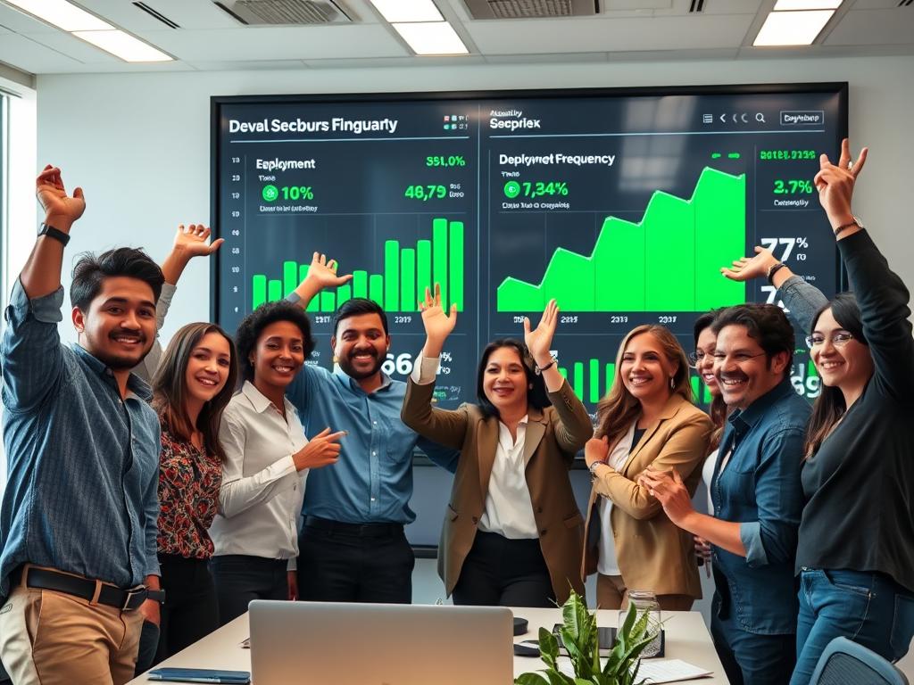 Team celebrating successful DevSecOps implementation with improved metrics dashboard