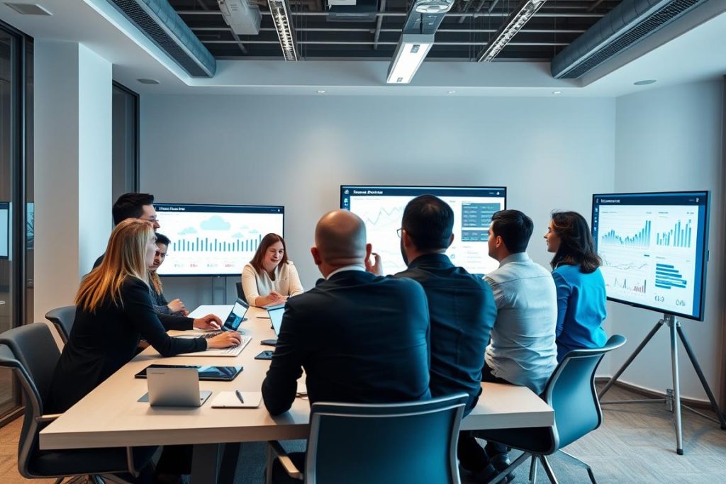 Team implementing FinOps practices in a collaborative meeting environment Team implementing FinOps practices in a collaborative meeting environment