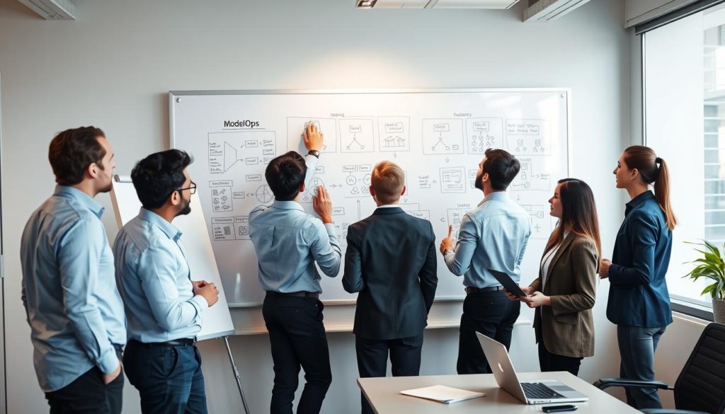 Team implementing ModelOps framework with whiteboard planning session