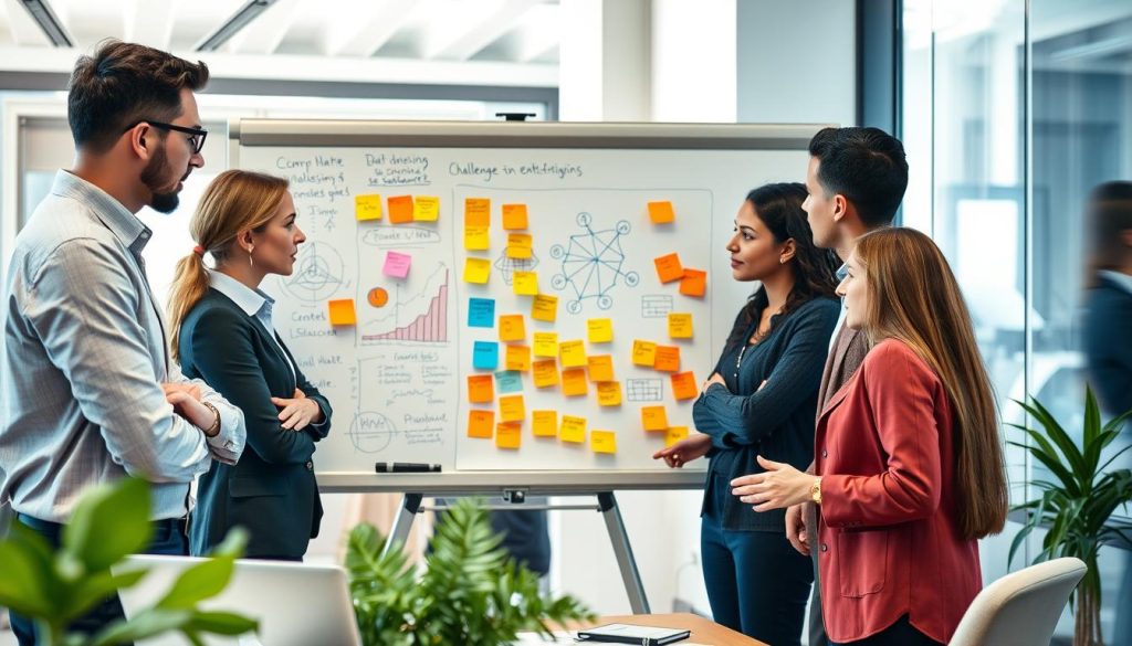 Team of data professionals discussing challenges around a whiteboard with diagrams Team of data professionals discussing challenges around a whiteboard with diagrams