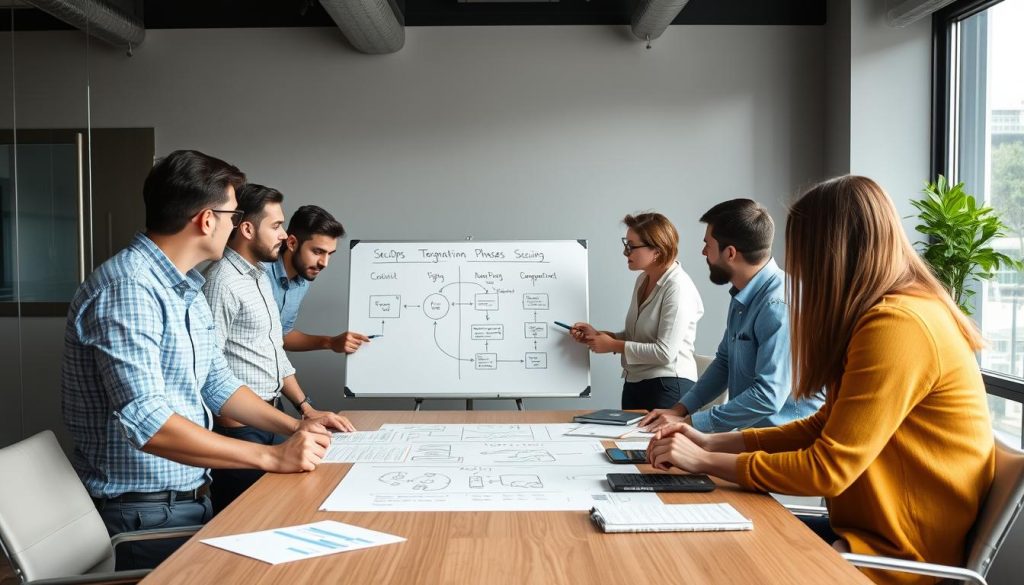 Team planning SecOps implementation with whiteboard diagrams Team planning SecOps implementation with whiteboard diagrams