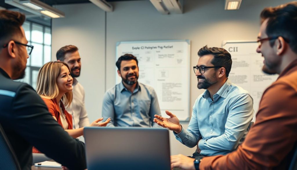 Team som diskuterar nästa steg i sin CI-implementation Team som diskuterar nästa steg i sin CI-implementation