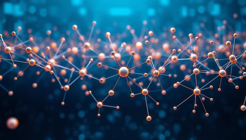 Visualisering av ett neuralt nätverk för djupinlärning med sammankopplade noder som representerar artificiella neuroner