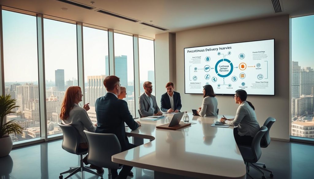A bright, modern office interior with floor-to-ceiling windows overlooking a bustling cityscape. In the foreground, a team of professionals gathered around a sleek conference table, engaged in a lively discussion. The lighting is warm and natural, casting a soft glow on the scene. On the wall behind them, a large screen displays a visual representation of the continuous delivery process, with icons and diagrams conveying the benefits of this approach. The atmosphere is one of collaboration, efficiency, and a forward-thinking mindset, reflecting the advantages of embracing continuous delivery in a business setting.