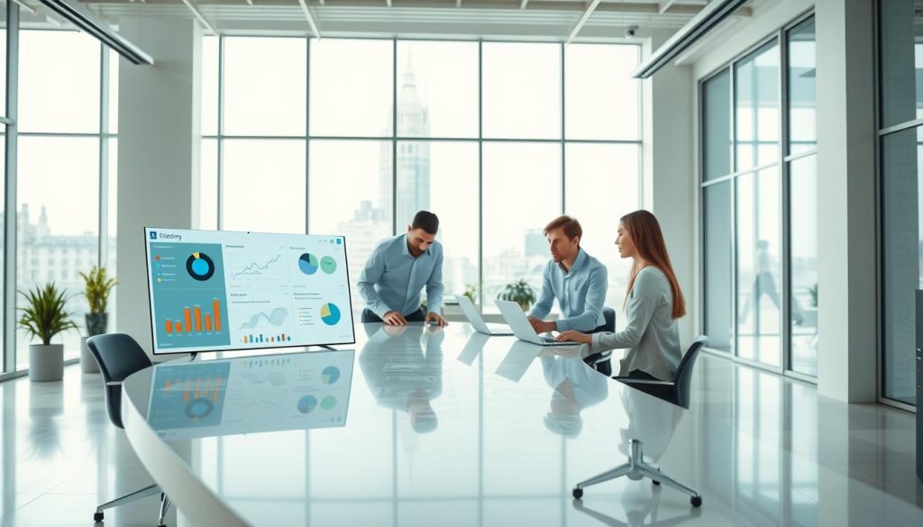 A bright, modern office setting with clean lines and minimalist decor. In the foreground, a sleek, touchscreen interface displays a dashboard of interconnected business metrics and analytics. Employees collaborate around a large, curved conference table, studying visualizations and charts that showcase key performance indicators. In the middle ground, custom-built software modules seamlessly integrate various business functions, optimizing workflows and enhancing operational efficiency. The background features floor-to-ceiling windows, allowing natural light to flood the space and create a sense of openness and productivity. Soft lighting and muted tones evoke a professional, yet inviting atmosphere conducive to strategic decision-making.