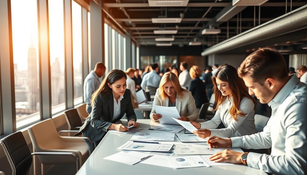 A bustling office environment, filled with the hum of productivity. In the foreground, a team of consultants poring over data and schematics, their expressions focused and determined. Soft, warm lighting illuminates the scene, casting a sense of professionalism and expertise. In the middle ground, a sleek, modern conference table serves as the epicenter of discussions, while the background showcases a panoramic view of the city skyline, hinting at the global reach of the consulting solutions. The overall atmosphere conveys a sense of collaboration, innovation, and a commitment to providing the best possible service to the client.