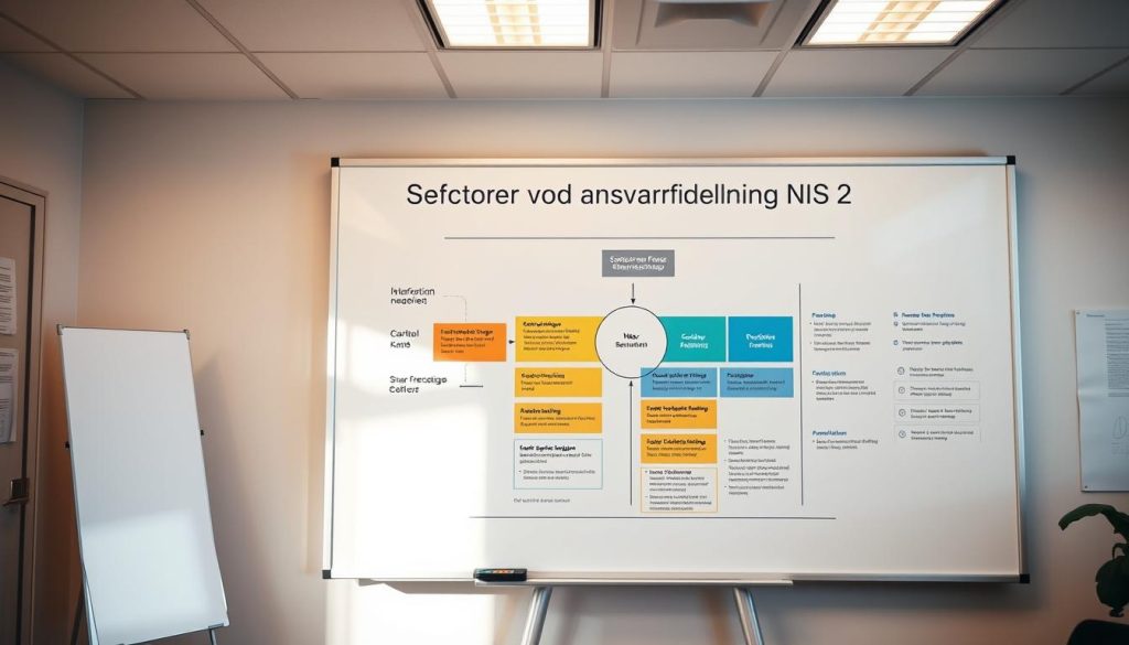 A clean, well-organized office environment with a large whiteboard displaying a detailed diagram of "Sektorer och ansvarsfördelning NIS2". The diagram features distinct color-coded sections and clear delineations of responsibilities, conveying a sense of structure and authority. The lighting is bright and natural, with warm undertones. The camera angle is slightly elevated, providing an overview of the scene. The mood is professional and authoritative, reflecting the importance of the cybersecurity directive. The composition emphasizes the centrality of the whiteboard diagram, with the surrounding office details serving to contextualize and ground the image. A clean, well-organized office environment with a large whiteboard displaying a detailed diagram of "Sektorer och ansvarsfördelning NIS2". The diagram features distinct color-coded sections and clear delineations of responsibilities, conveying a sense of structure and authority. The lighting is bright and natural, with warm undertones. The camera angle is slightly elevated, providing an overview of the scene. The mood is professional and authoritative, reflecting the importance of the cybersecurity directive. The composition emphasizes the centrality of the whiteboard diagram, with the surrounding office details serving to contextualize and ground the image.