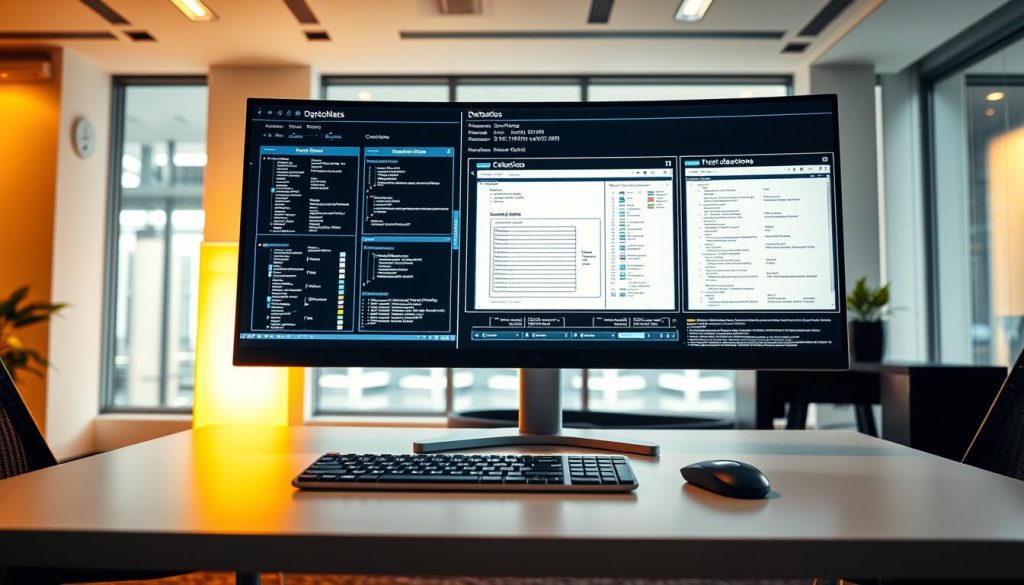 A contemporary office setting with clean, minimalist aesthetics. A large computer monitor displays intricate database diagrams and complex data models, reflecting the sophisticated and tailored nature of the database solutions offered. Warm, indirect lighting casts a soft glow, creating a professional yet inviting atmosphere. In the foreground, a keyboard and mouse sit atop a sleek, uncluttered desk, hinting at the hands-on, collaborative approach to database development. The background features floor-to-ceiling windows, allowing natural light to flow in and fostering a sense of openness and innovation. Overall, the scene conveys the expertise, attention to detail, and forward-thinking mindset that define the database solutions provided by Opsiocloud.