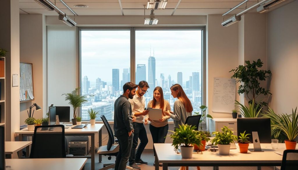 A cozy and well-lit office space, with a large window overlooking a modern city skyline. In the center, a group of young professionals collaborating on a practical project, their faces animated with focused determination. Nearby, a bulletin board displays sketches and diagrams, hinting at the innovative thinking at play. Sleek desks, ergonomic chairs, and a scattering of potted plants create a dynamic yet harmonious working environment. Soft overhead lighting casts a warm glow, while the distant cityscape provides a captivating backdrop. The scene conveys a sense of productivity, creativity, and the pursuit of practical, real-world solutions. A cozy and well-lit office space, with a large window overlooking a modern city skyline. In the center, a group of young professionals collaborating on a practical project, their faces animated with focused determination. Nearby, a bulletin board displays sketches and diagrams, hinting at the innovative thinking at play. Sleek desks, ergonomic chairs, and a scattering of potted plants create a dynamic yet harmonious working environment. Soft overhead lighting casts a warm glow, while the distant cityscape provides a captivating backdrop. The scene conveys a sense of productivity, creativity, and the pursuit of practical, real-world solutions.