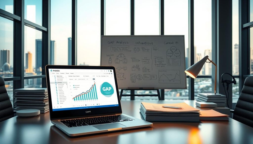 A detailed, well-lit office interior showcasing an analysis of the current IT infrastructure. In the foreground, a sleek desk with a laptop displaying a GAP analysis dashboard, surrounded by neat stacks of documents and a modern, minimalist desk lamp. The middle ground features a large whiteboard filled with strategic notes and diagrams, suggesting an active planning session. In the background, tall windows offer a scenic cityscape, bathed in warm, natural lighting that enhances the professional, yet thoughtful atmosphere. The scene conveys a sense of diligent assessment and purposeful decision-making regarding the organization's IT strategy and cloud solutions.