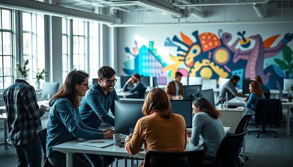 A dynamic team of software engineers collaborating in a modern, well-lit office setting. Soft lighting from large windows illuminates the open-concept workspace, with desks and whiteboards scattered throughout. In the foreground, colleagues huddle around a table, engaged in animated discussion, their expressions conveying a sense of camaraderie and problem-solving. In the middle ground, others work intently on their computers, their focus evident. The background features a vibrant, colorful mural adorning the wall, adding a touch of creativity and inspiration to the scene. An atmosphere of productive, yet relaxed, teamwork permeates the space.